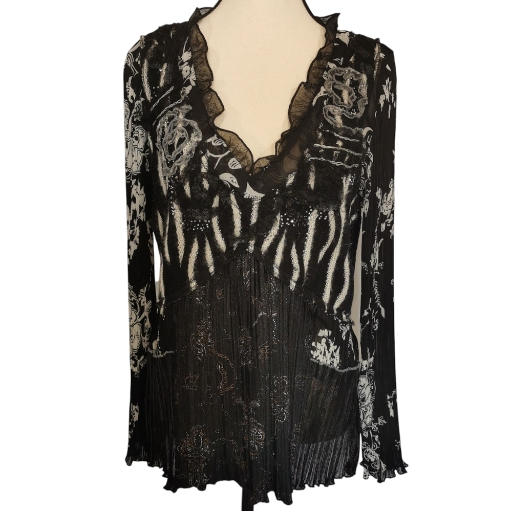 Alberto Makali Embellished Pleated Ruffle V-Neck Blouse Black Silver Sz L